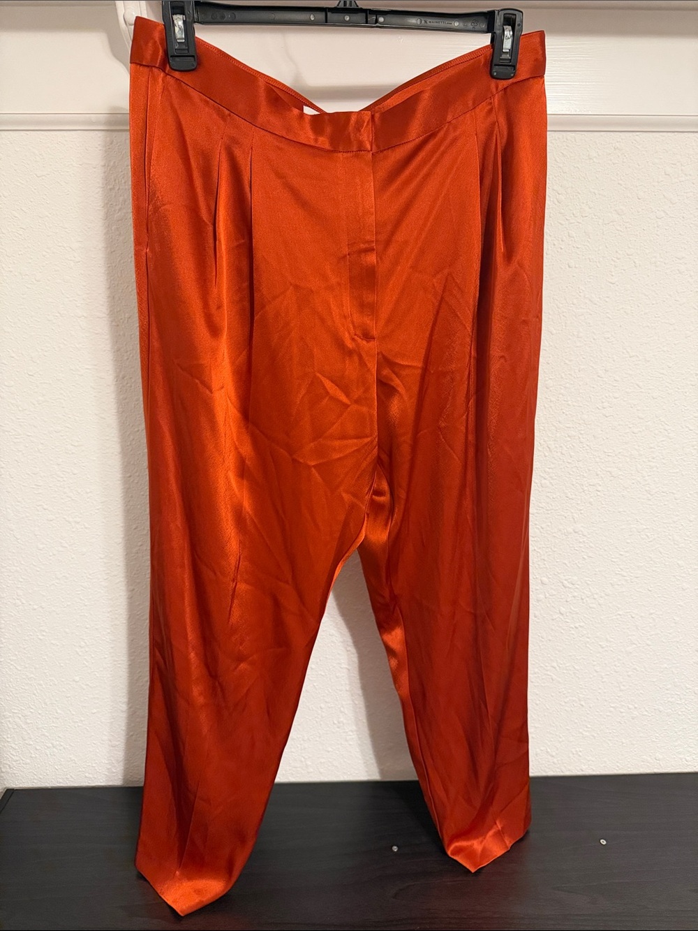 Aritzia Babaton Satin Pleated Trousers in burnt orange / rust-red satin